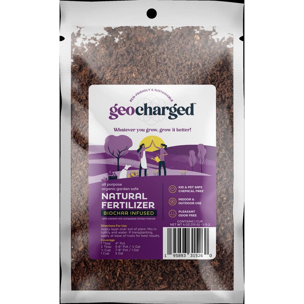 geocharged Organic Fertilizer Biochar plus Chicken Manure Indoor Outdoor, Kid and Pet Safe, No Odor Super plant food, 4 oz.