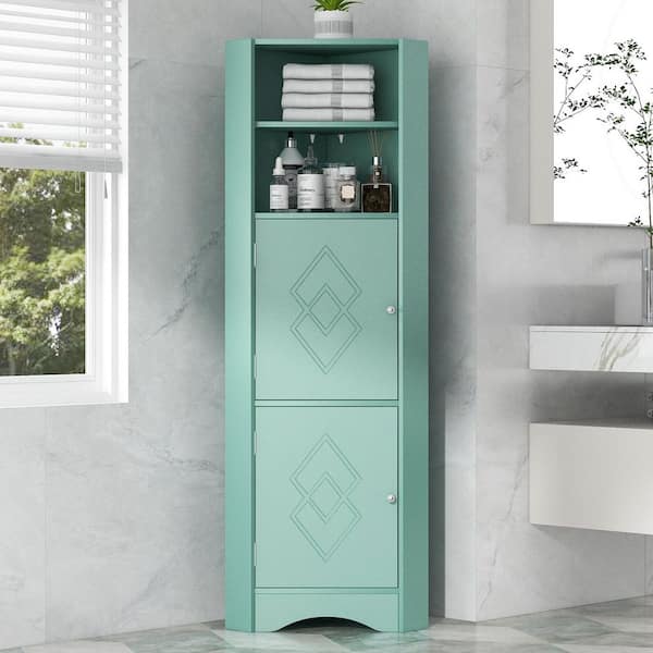15" W x 15" D x 61" H Ready to Assemble MDF Floor Base Kitchen Corner Cabinet in Green with 2-Doors and 4 Shelves