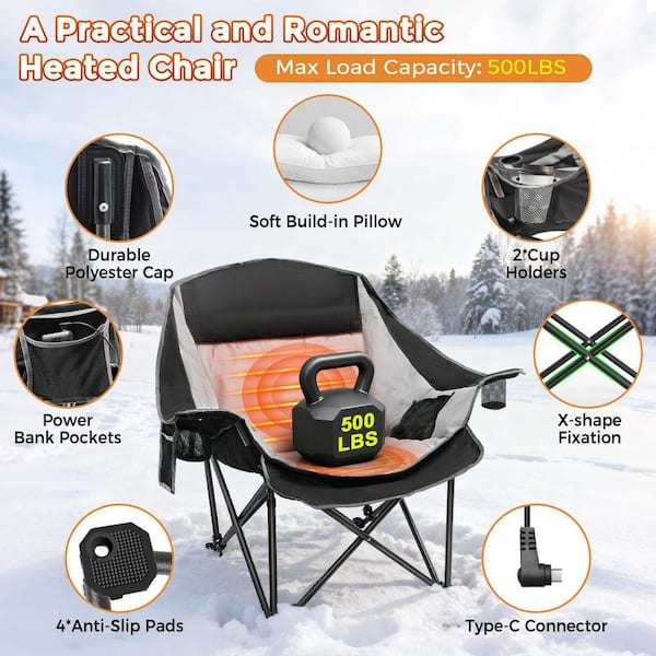 SEEUTEK Outdoor Oversized Foldable Heated Camping Grey Patio Chair