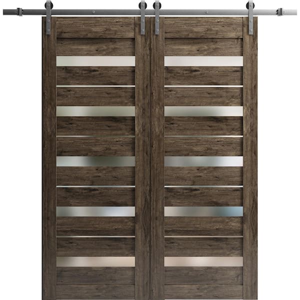 Sartodoors 28 in. x 96 in. 2 Panel Frosted Glass Cognac Oak Solid MDF Sliding Barn Door with Hardware Kit