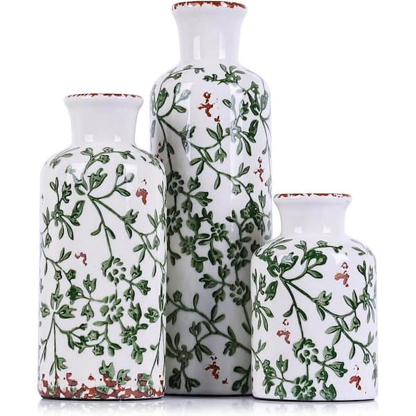 Green Floral 3 in. x 10 in. Ceramic Modern Farmhouse Vase Set of 3