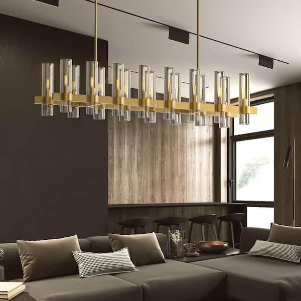 54 in. 16 Light Dimmable LED Brass Rectangular Kitchen Island Chandelier with Glass Shade, for Living Room, Bedroom