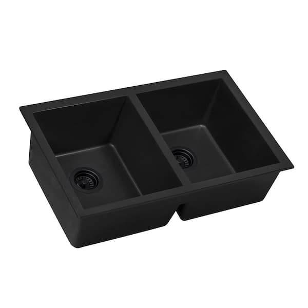 EpiGranite 32 in. Undermount Double Bowl Kitchen Sink in Midnight Black Granite Quartz Composite