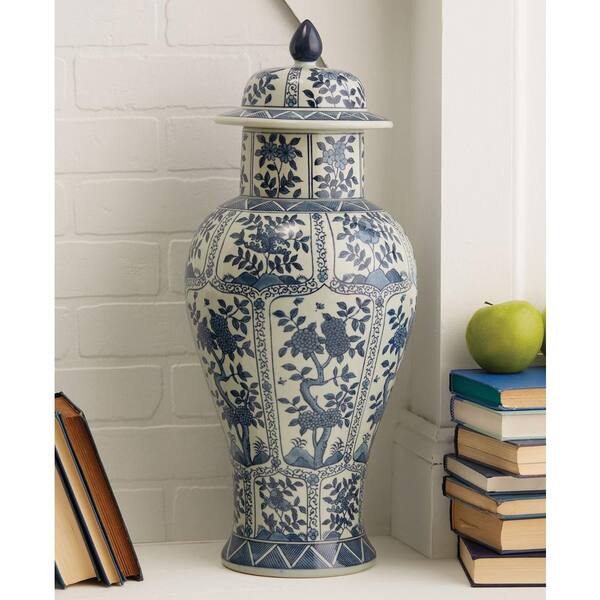Two's Company 22 1/2 in. High Blue and White Chrysanthemum Flower Hand Painted Porcelain Covered Temple Jar