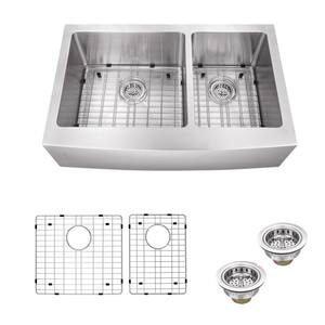 Farmhouse Apron Front Undermount 16-Gauge Stainless Steel 36 in. 60/40 Double Bowl Kitchen Sink with Grid Set and Drains