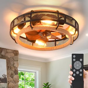 19.6 in. Iron and Wood Grain Industrial Indoor Black Net Flush Mount Ceiling Fan with Light Remote Control with 5-Bulb