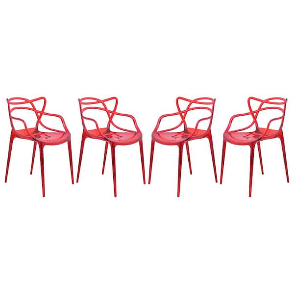Leisuremod Milan Red Modern Plastic Wire Design Arm Chair Set of 4