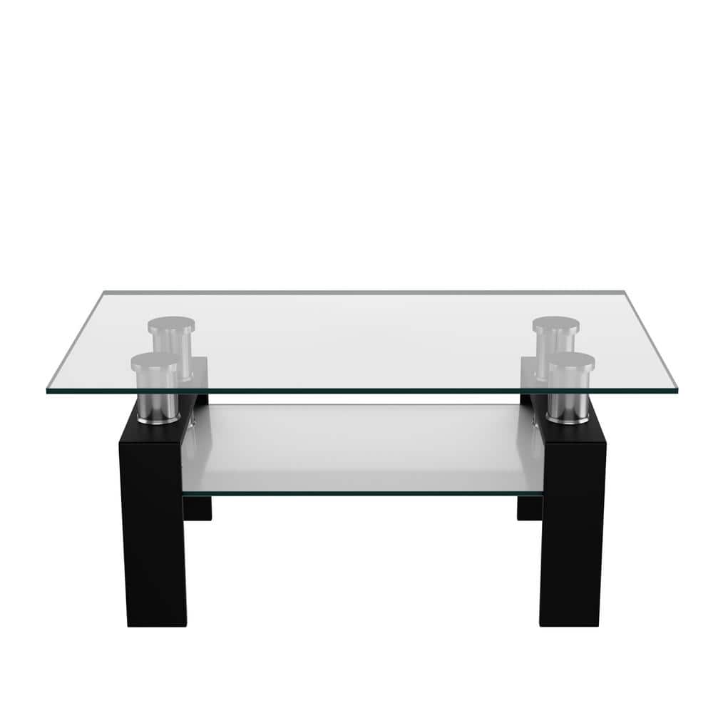 Modern Rectangular Glass Coffee Table with Black Metal Legs