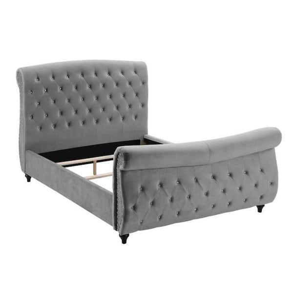 Best Master Furniture Crystal Gray Queen Velvet Tufted Platform Bed