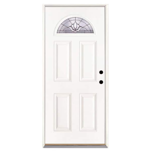 Feather River Doors 37.5 in. x 81.625 in. Medina Zinc Fan Lite Unfinished Smooth Left-Hand Inswing Fiberglass Prehung Front Door