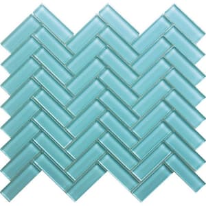 Light Blue 11 in. x 12.6 in. Herringbone Polished Glass Mosaic Tile (4.81 sq. ft./Case)
