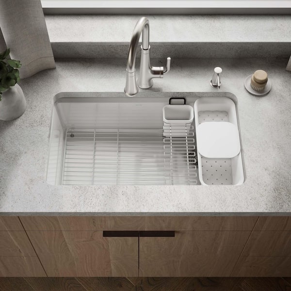 Riverby Undermount Cast Iron 33 in. 5-Hole Single Bowl Kitchen Sink with Accessories in White