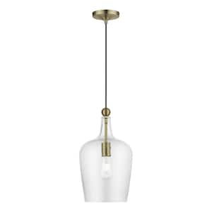Avery 1-Light Antique Brass Pendant with Clear Water Glass Shade