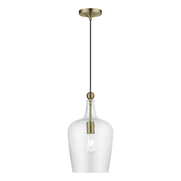 Livex Lighting Avery 1-Light Antique Brass Pendant with Clear Water Glass Shade