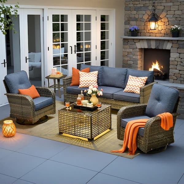 Elvira Gray 5-Piece Wicker Patio Conversation Seating Sofa Set with Denim Blue Cushions and Swivel Rocking Chairs