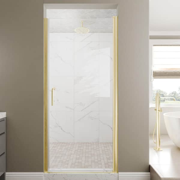 34-36 in. W x 72 in. H Pivot Frameless Shower Door in Brushed Gold with Clear Glass