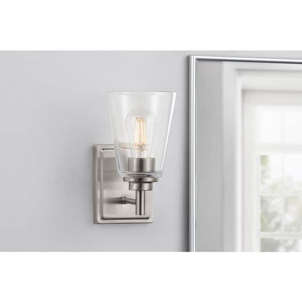 Hampton Bay Wakefield 5.25 in. 1-Light Brushed Nickel Modern Wall Sconce with Clear Glass Shade