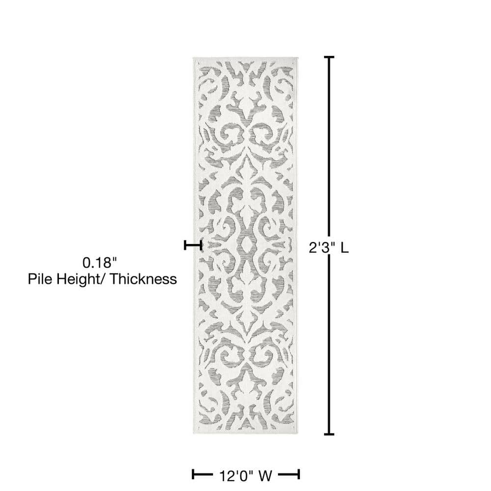 Natural Gray Damask Pattern Indoor/Outdoor Runner Rug