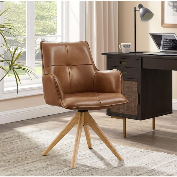 Mid-Century Modern Brown Genuine Leather Swivel Accent Arm Chair with Wood Legs