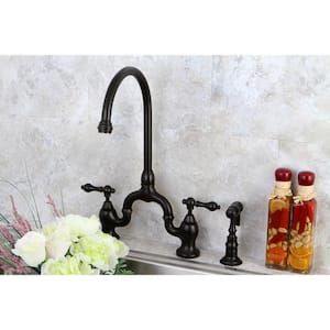 English Country 2-Handle Bridge Kitchen Faucet with Side Sprayer in Oil Rubbed Bronze