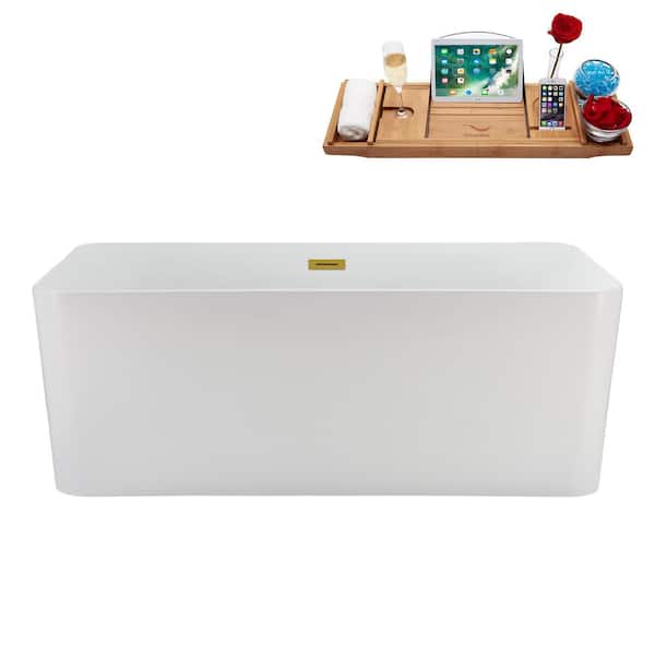 59 in. x 28 in. Acrylic Freestanding Soaking Bathtub in Glossy White with Brushed Gold Drain