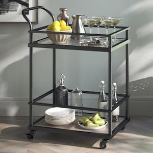 Carter Modern Rolling Glass Bar 2-Tier Serving Cart Matte Black Metal Frame Oak Wood Shelf