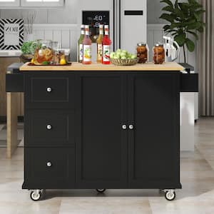 Black Rolling Mobile Kitchen Island Cart with Solid Wood Top/Wheel/Spice Rack/Towel Rack Breakfast Bar Kitchen Cabinet