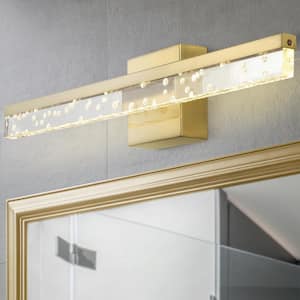 Mario 22 in. 1-Light Modern Contemporary 360-Degree Rotatable Seeded Acrylic Integr LED Vanity Light, Brass Gold/Clear
