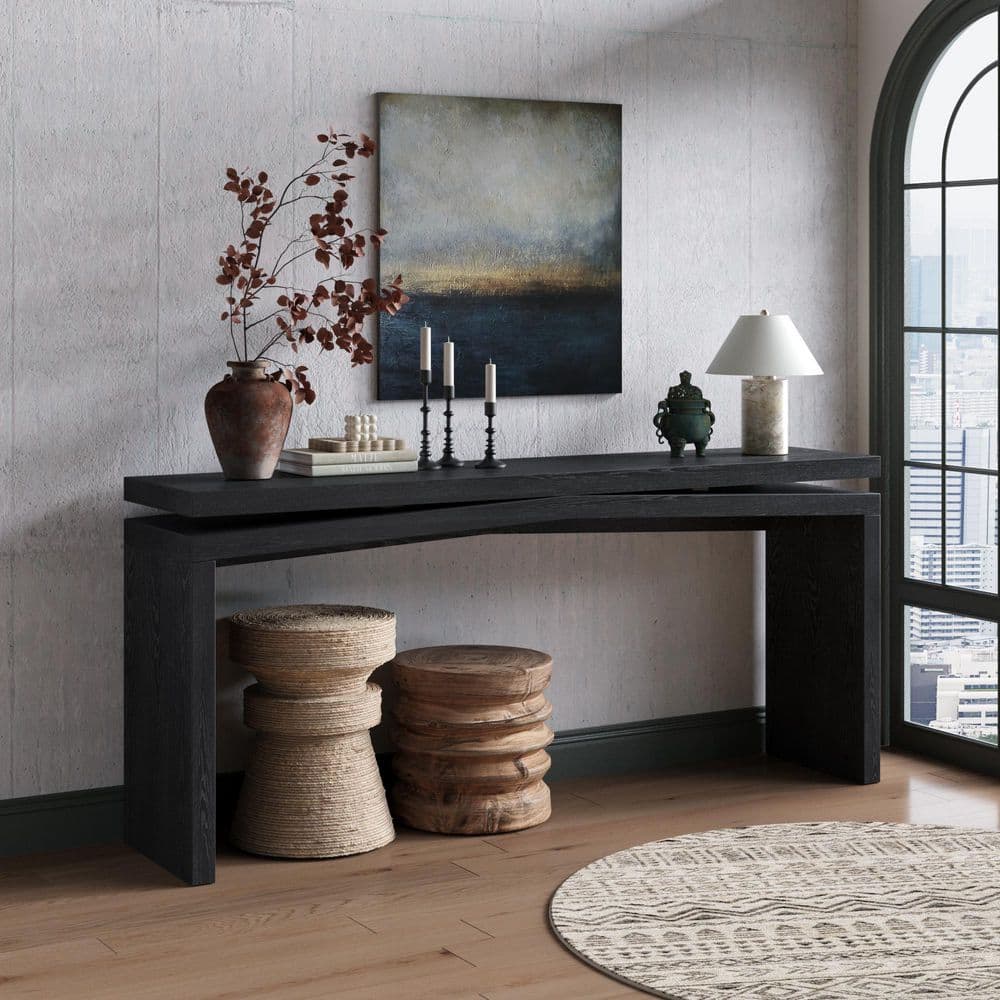 Polibi 64.96 in. Black Rectangle Wood Top Console Table RS