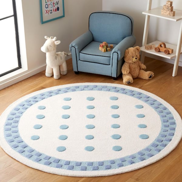 Kids 5 ft. x 5 ft. Ivory/Blue Polka-Dot Border Round Area Rug