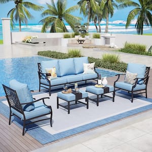 Black 5-Piece Meshed 7-Seat Metal Outdoor Patio Conversation Set with Blue Cushions and 2 Ottomans