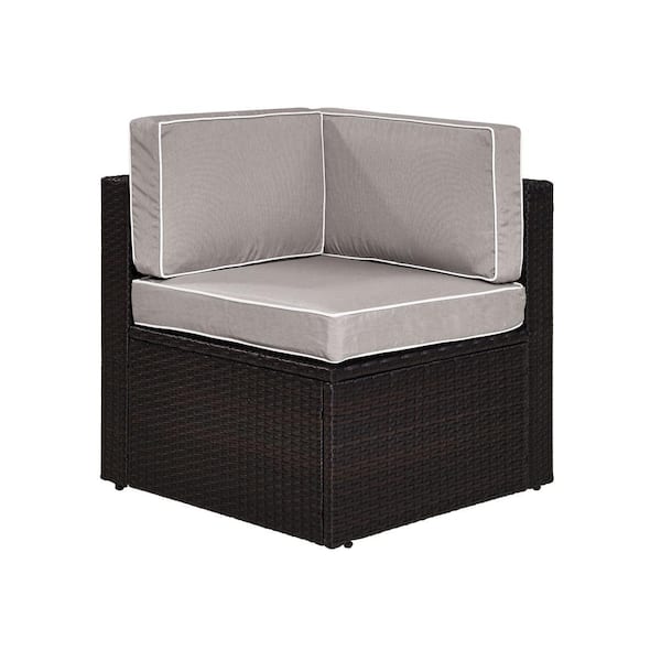 CROSLEY FURNITURE Palm Harbor Brown Wicker Corner Outdoor Sectional Chair with Gray Cushions