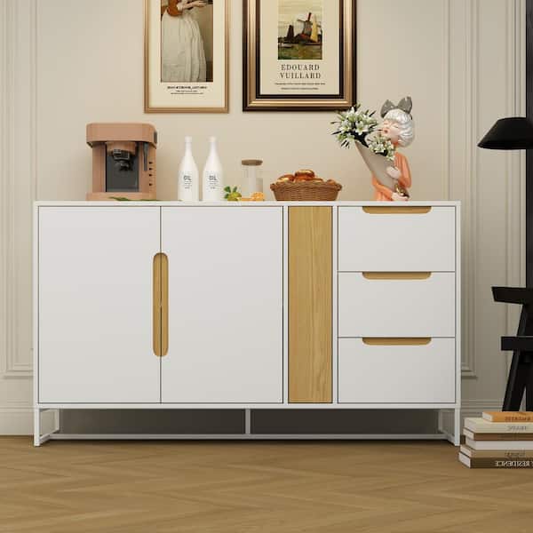 FUFU&GAGA White Wooden 55.1 in. Width Food Pantry Cabinet, Sideboard, Storage Cabinet with 4-Drawers, Glass Rack and 2-Shelves