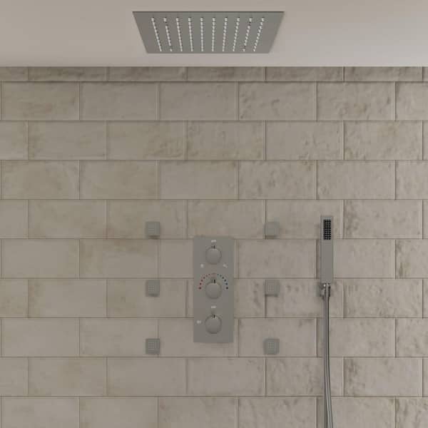 Full Spectrum LED 12 in. Triple Handle 5-Spray Ceiling Mount Shower Faucet 2.5 GPM with High Pressure in Brushed Nickel