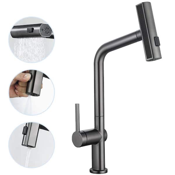 ruiling Stainless Steel Single Handle Pull Down Sprayer Kitchen Faucet with Waterfall Spray in Matte Grey