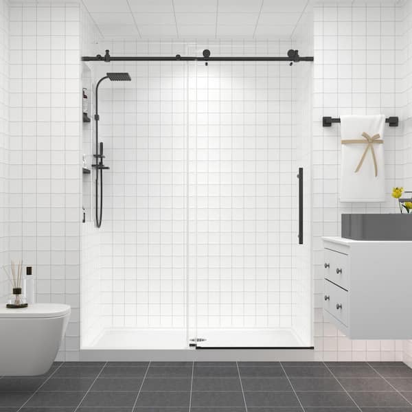 50-54 in. W x 76 in. H Sliding Frameless Shower Door in Matte Black with 1/4 in. Clear Tempered Glass