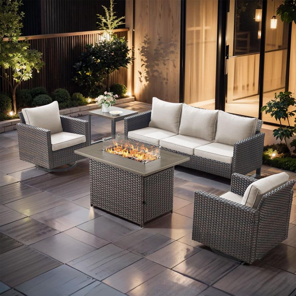 UvaNest Brown 5-Piece Wicker Patio Fire Pit Conversation Sofa Set with Beige Cushions, Outdoor Sofa and Swivel Glider price history on PriceWatchPro