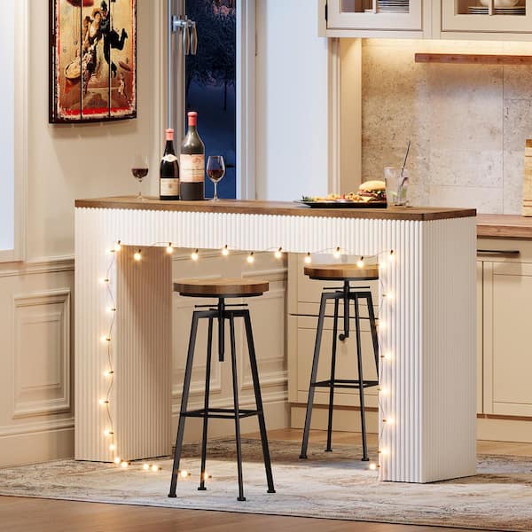 Kearsten 41 in. H Rectangle Bar Table, White Wooden Home Bar Table with Brown Tabletop and Fluted Legs for Home Bar, Pub