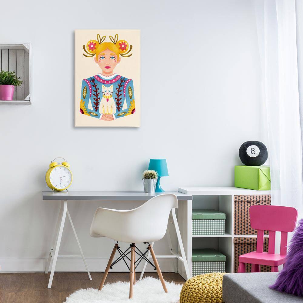 Blonde Folk Girl with Cat by Hannah Moren Unframed Abstract Graphic Art Print 30 in. x 20 in. price history on PriceWatchPro