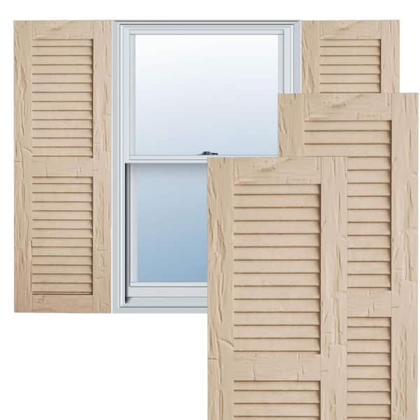 Ekena Millwork 18 in. x 82 in. Rustic Two Equal Louver Hand Hewn Faux Wood Shutters Pair, Primed Tan