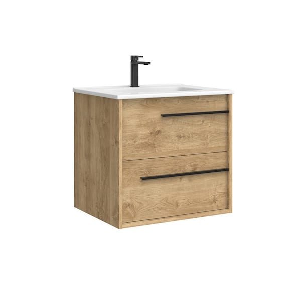 WS Bath Collections Lotus 24.0 in. W Single Basin Wall Mounted Bath Vanity in Natural Oak with Ceramic White Top