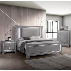 Tannon 3-Piece Light Gray King Wood Bedroom Set, Bed with Nightstand and Chest