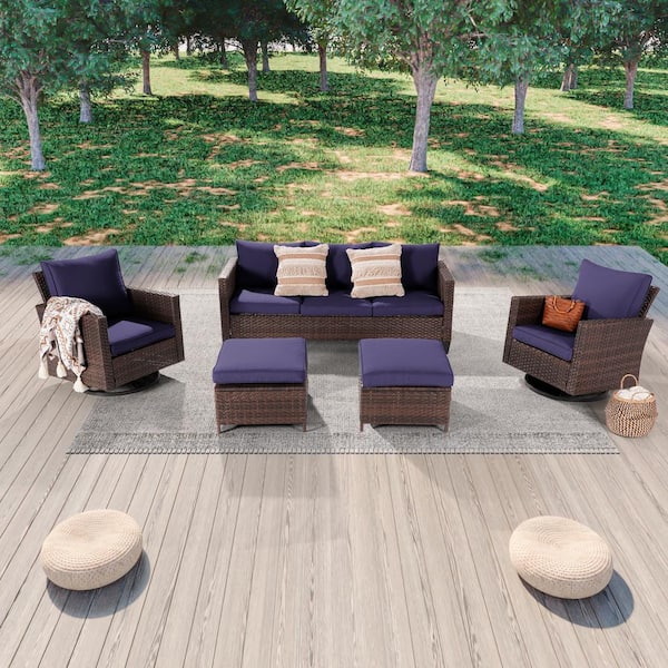 5-Piece Patio Outdoor Brown Wicker Conversation Seating Set Thickening With Swiveling Rocker, Navy Blue Cushion