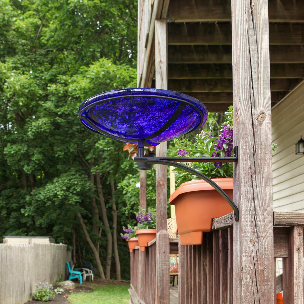 Cobalt Blue Crackle Glass Birdbath with Wrought Iron Wall Bracket