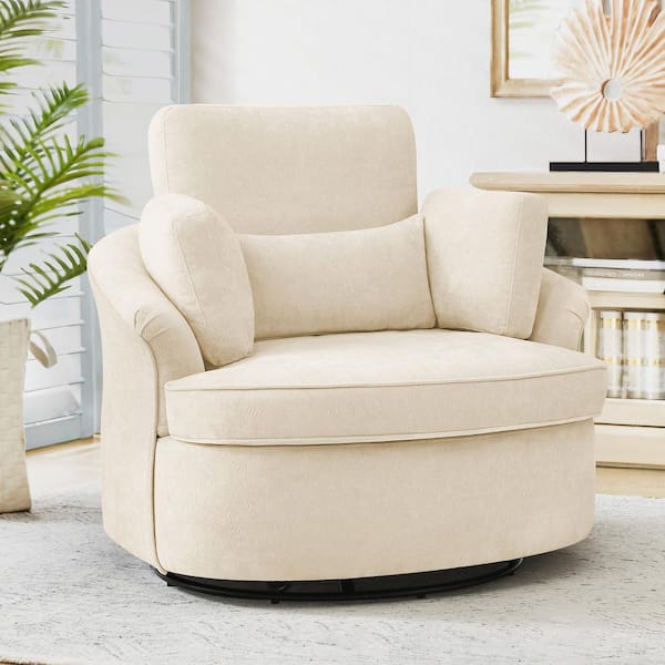 Beige Chenille Fabric Upholstered Swivel Barrel Chair with 3 Removable Pillows Swivel Accent Chair for Living Room