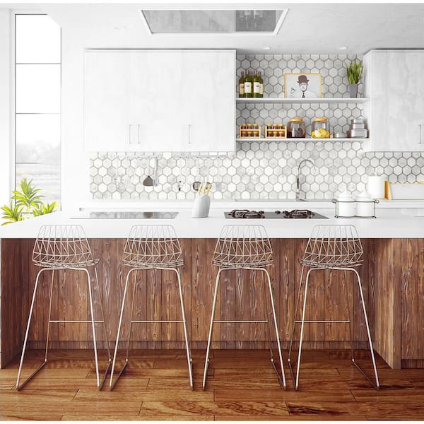 Faux Carrara and Metallic Silver Inlay Hexagon Geometric 20.5 in. x 18 ft. Peel and Stick Wallpaper