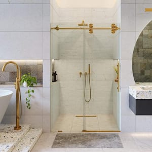 60 in. W x 80 in. H Single Sliding Frameless Shower Door in Satin Brass with Tempered Clear Glass