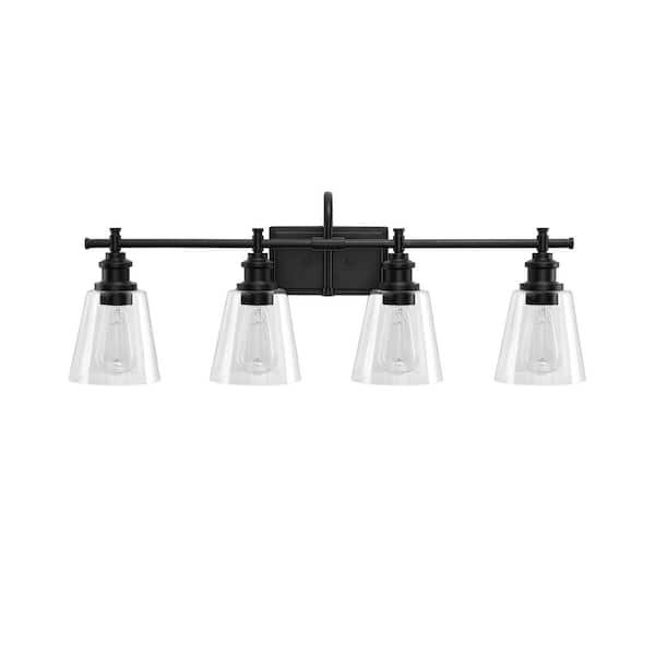 KAWOTI 32 in. 4Light Matte Black Vanity Light with Clear Glass Shade