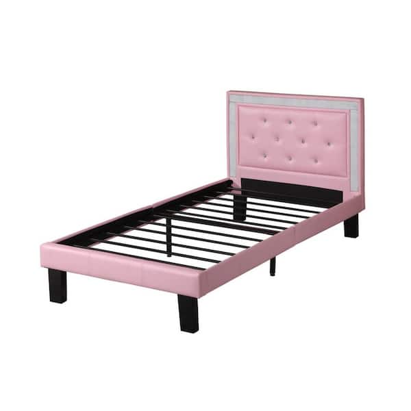 Benjara Polyurethane Pink Twin Size Bed, High Twin Size Bed Frame