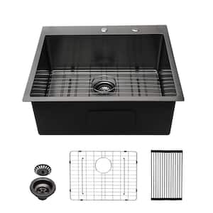 Gunmetal Black 16 Guage Stainless Steel 28 in. Single Bowl Drop-In Kitchen Sink with Bottom Grid